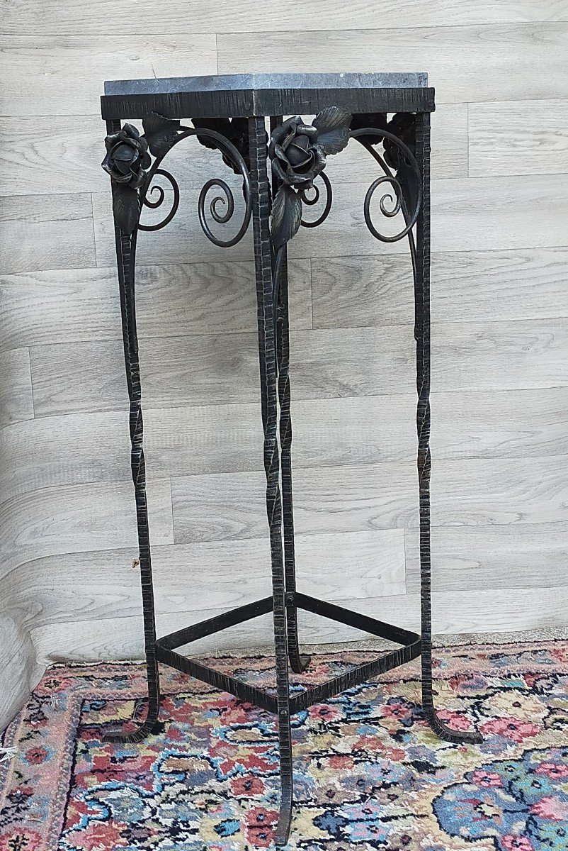 Small Art Deco Wrought Iron And Marble Pedestal Table (harness, Console)