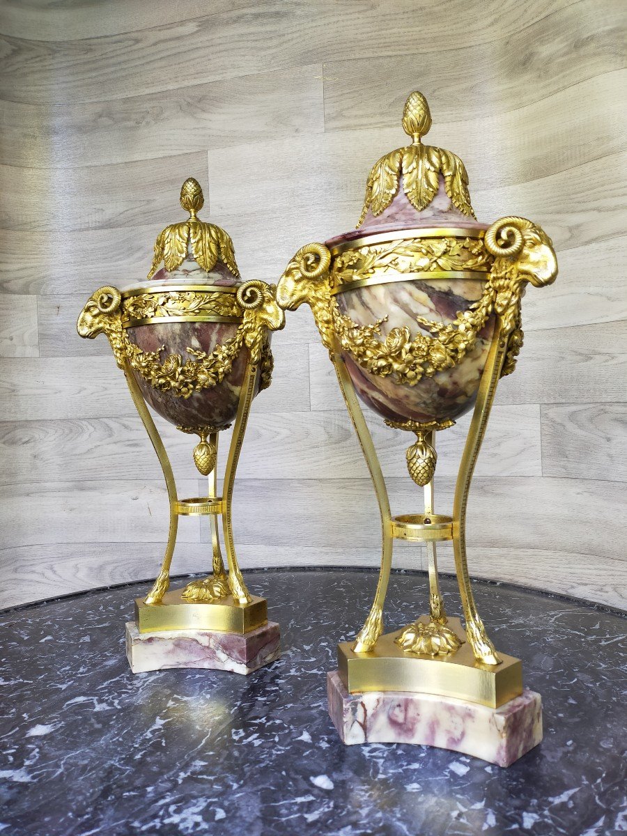 Pair Of Cassolettes In Bronze And Marbre Pierre Gouthiere-photo-3