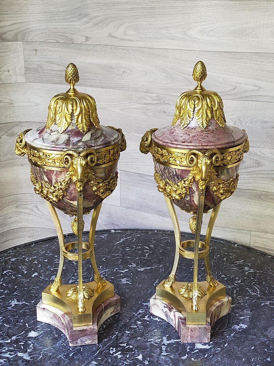 Pair Of Cassolettes In Bronze And Marbre Pierre Gouthiere-photo-1