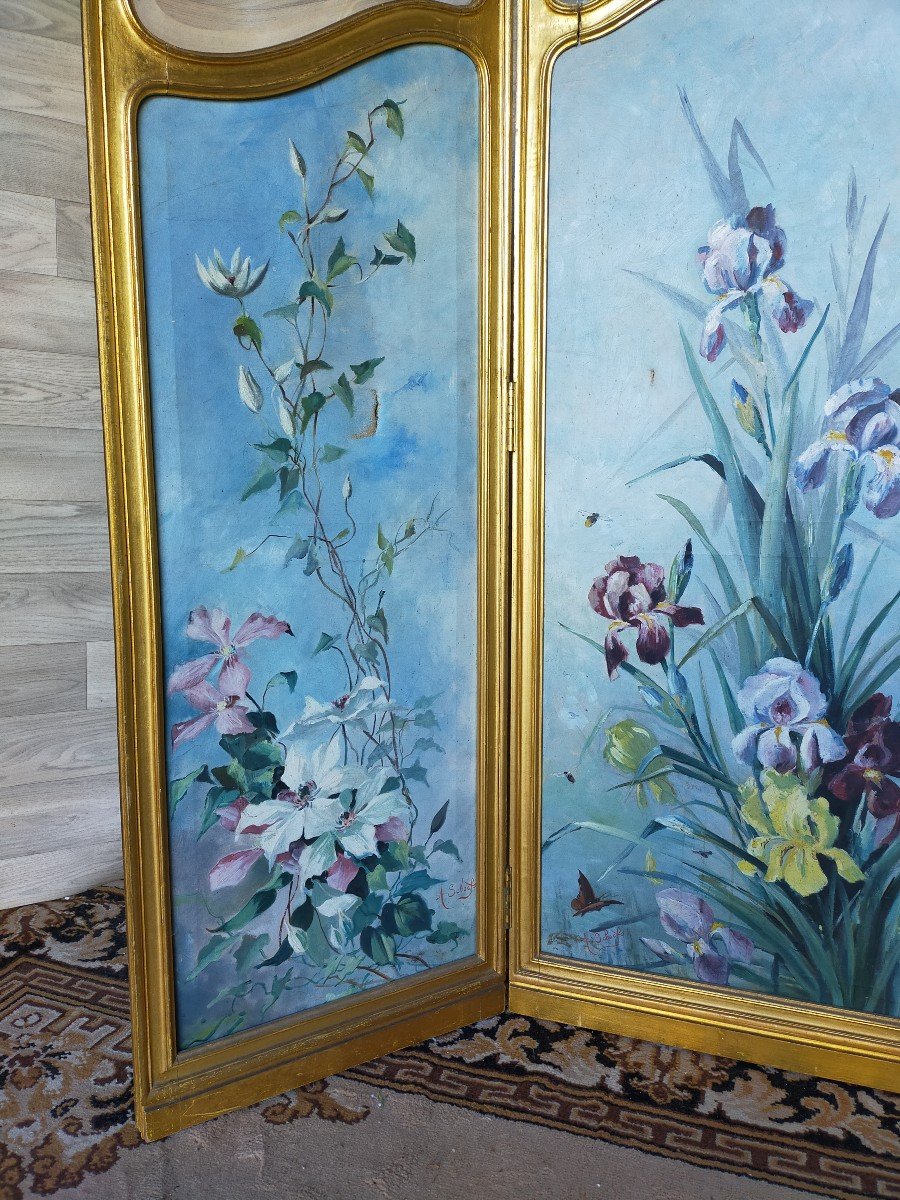Large Art Nouveau Screen Floral Decor Golden Wood Painted On Canvas-photo-4