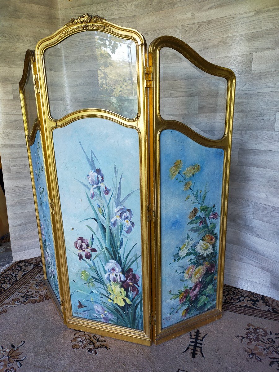 Large Art Nouveau Screen Floral Decor Golden Wood Painted On Canvas-photo-1