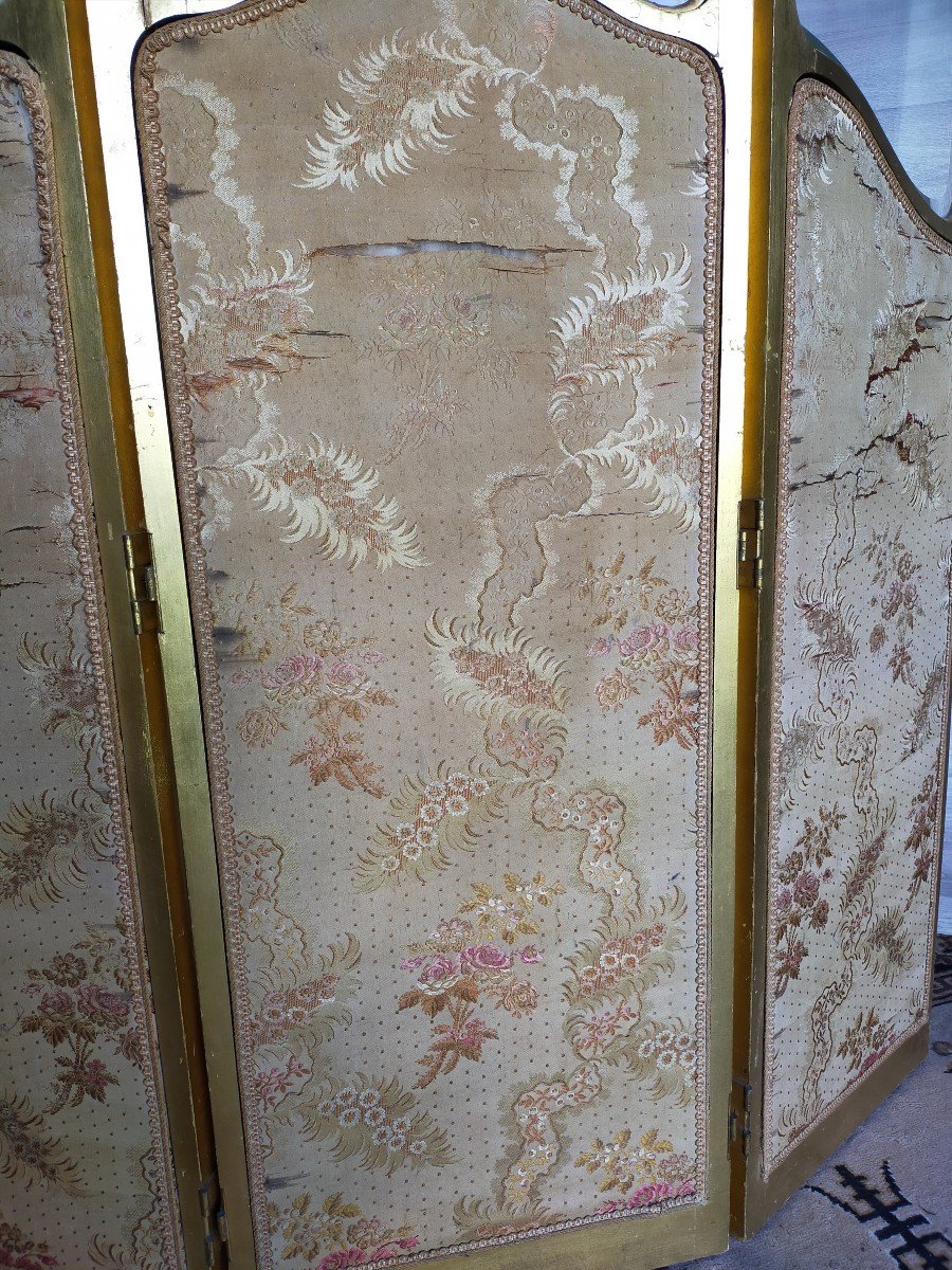 Large Art Nouveau Screen Floral Decor Golden Wood Painted On Canvas-photo-2