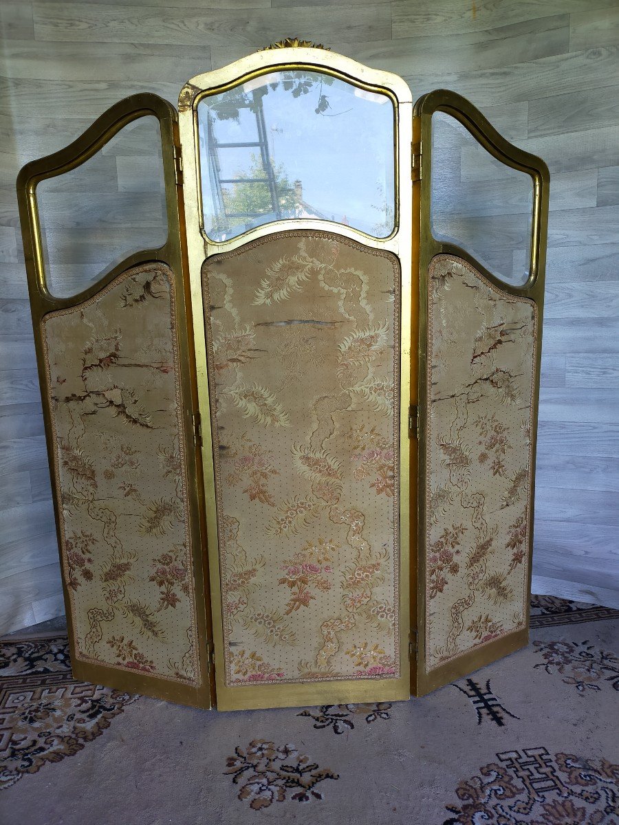 Large Art Nouveau Screen Floral Decor Golden Wood Painted On Canvas-photo-3
