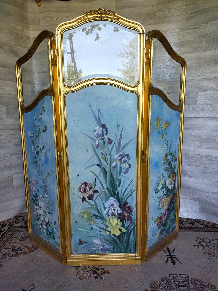 Large Art Nouveau Screen Floral Decor Golden Wood Painted On Canvas-photo-4
