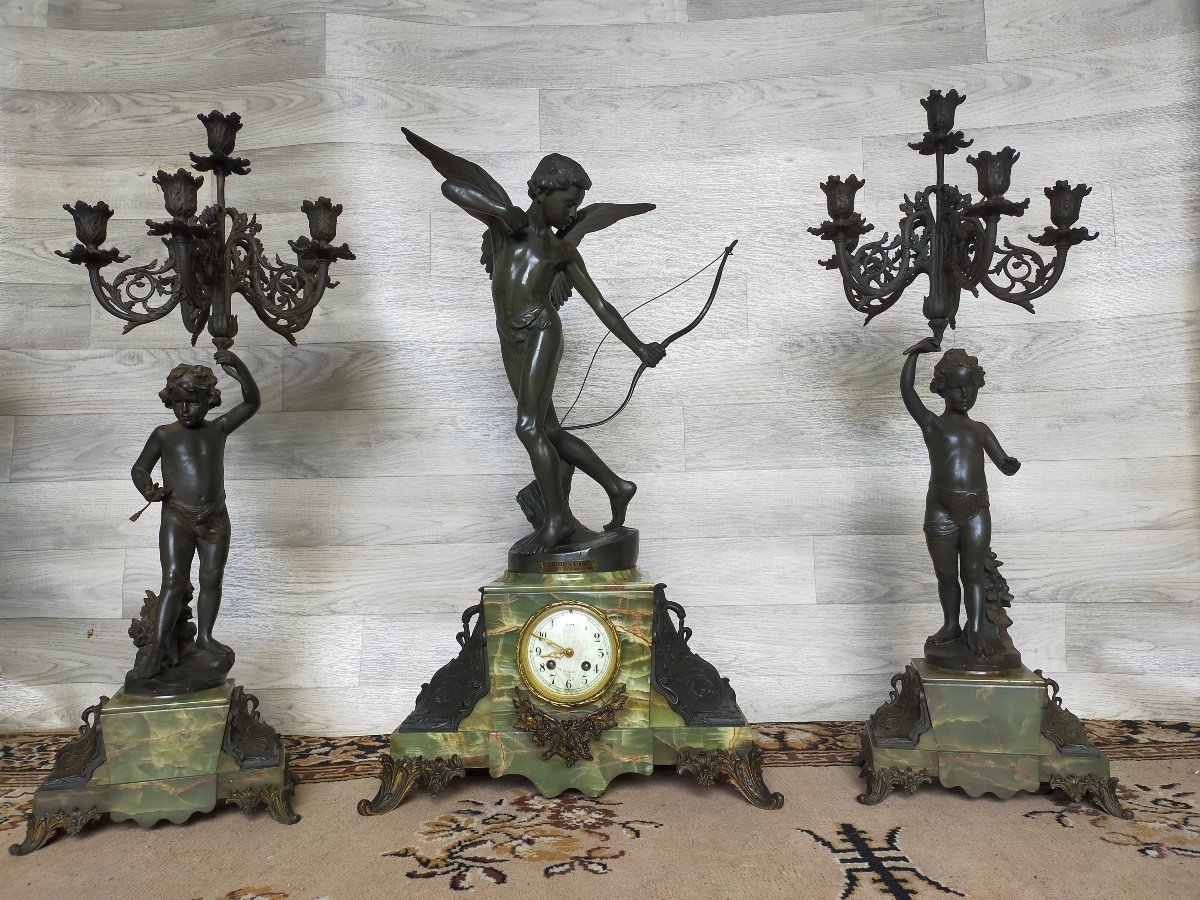 Large Art Nouveau Clock Roberto Aurili And His Pair Of Candlesticks