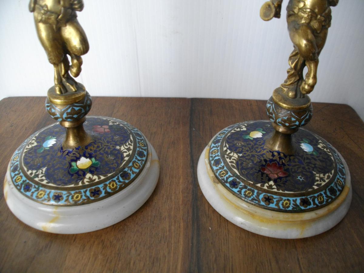 Paire Bougeoirs,chandeliers Bronze Et Cloisonné-photo-2