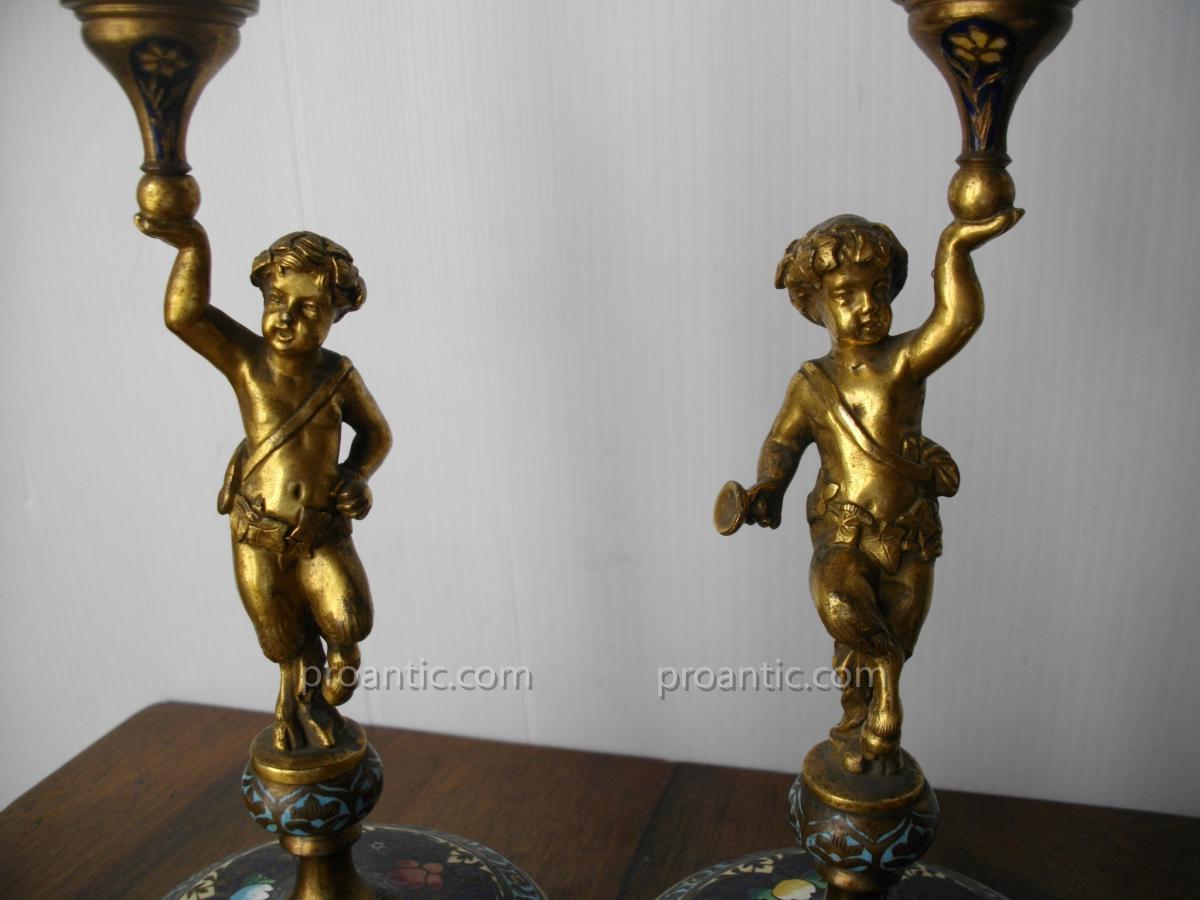 Pair Of Candlesticks, Candelabras Bronze And Cloisonné-photo-3