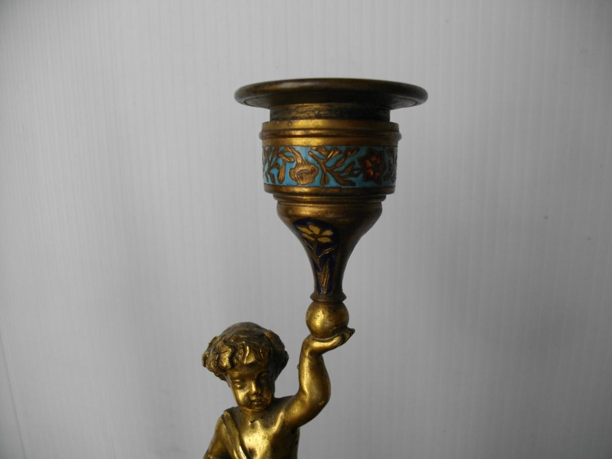 Paire Bougeoirs,chandeliers Bronze Et Cloisonné-photo-4