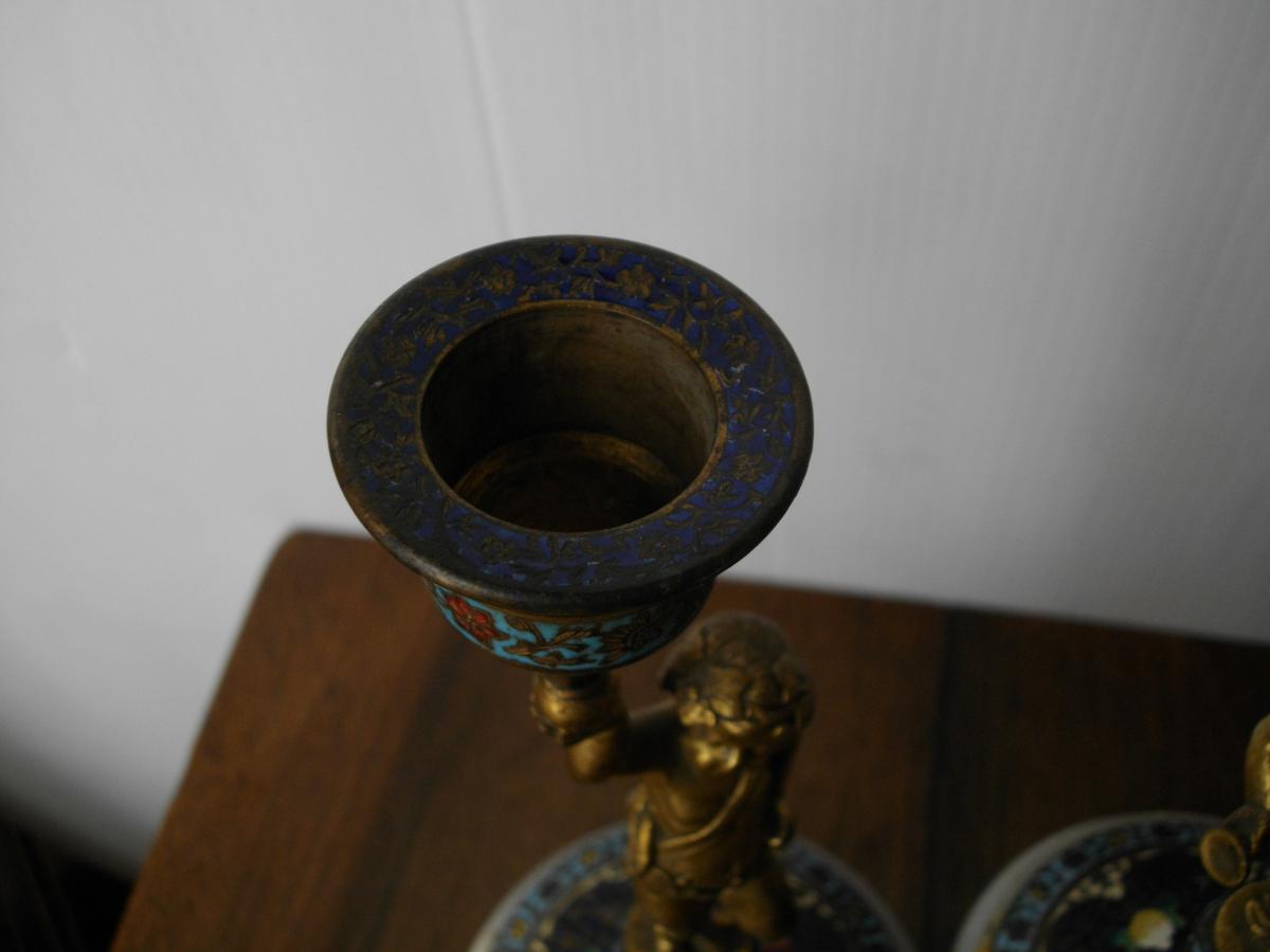 Pair Of Candlesticks, Candelabras Bronze And Cloisonné-photo-1