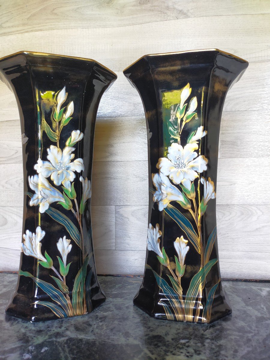 Paire De Vases Keller Et Gu&eacute;rin  D&eacute;cor Libellules Et Oiseaux 