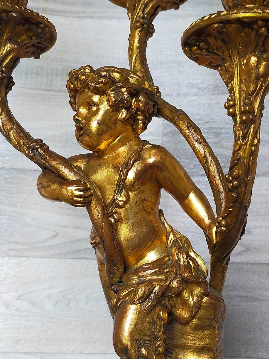 Pair Of Love And Satyr Candlesticks In Gilt Bronze (candelabra Candlesticks)-photo-2