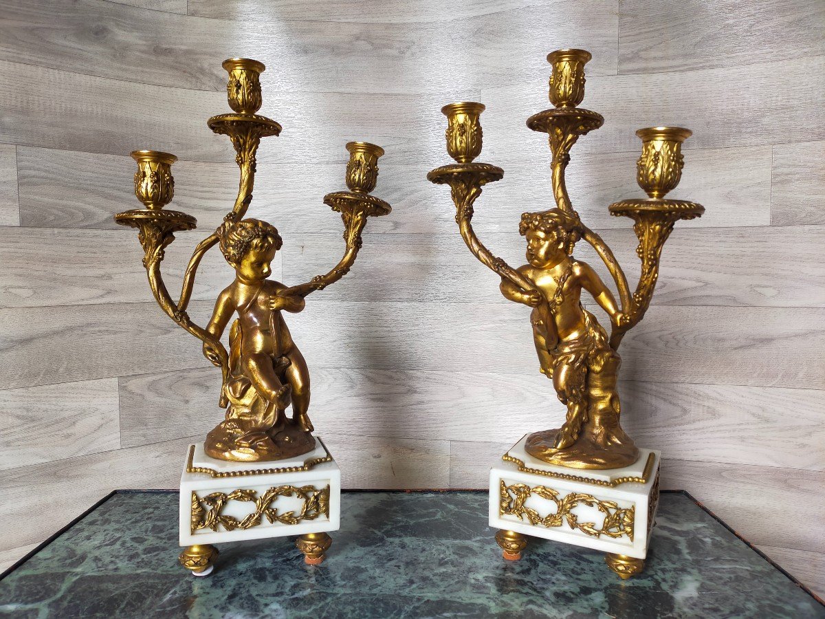 Pair Of Love And Satyr Candlesticks In Gilt Bronze (candelabra Candlesticks)-photo-4
