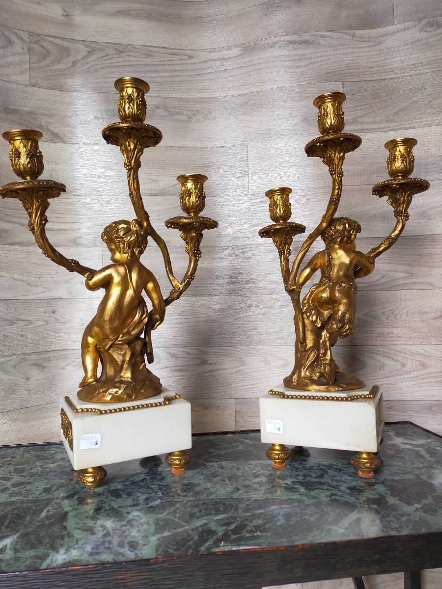 Pair Of Love And Satyr Candlesticks In Gilt Bronze (candelabra Candlesticks)-photo-2