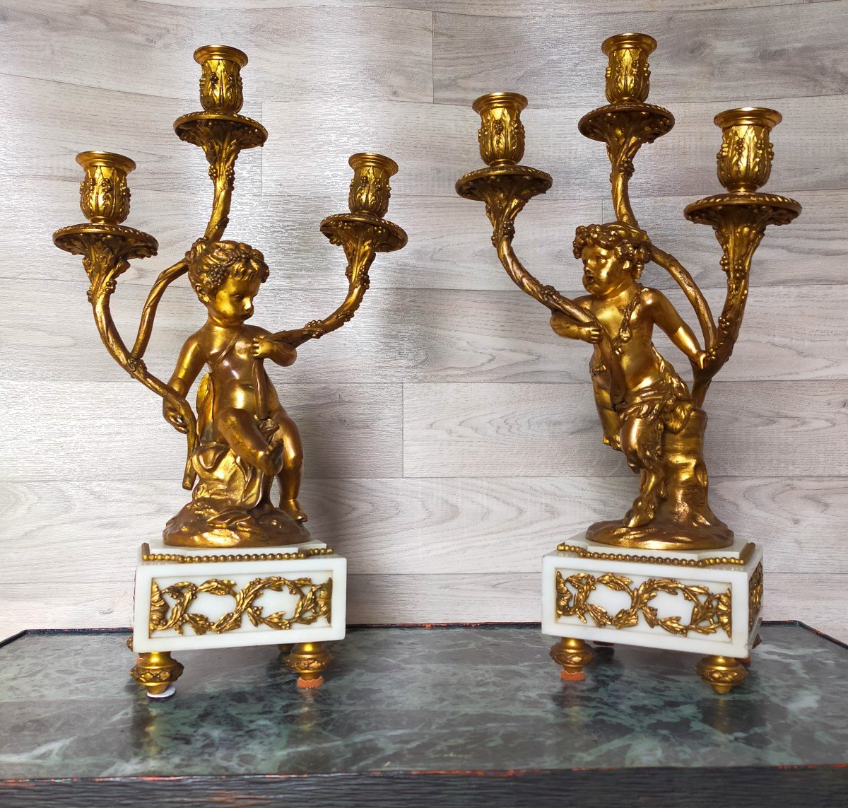 Pair Of Love And Satyr Candlesticks In Gilt Bronze (candelabra Candlesticks)