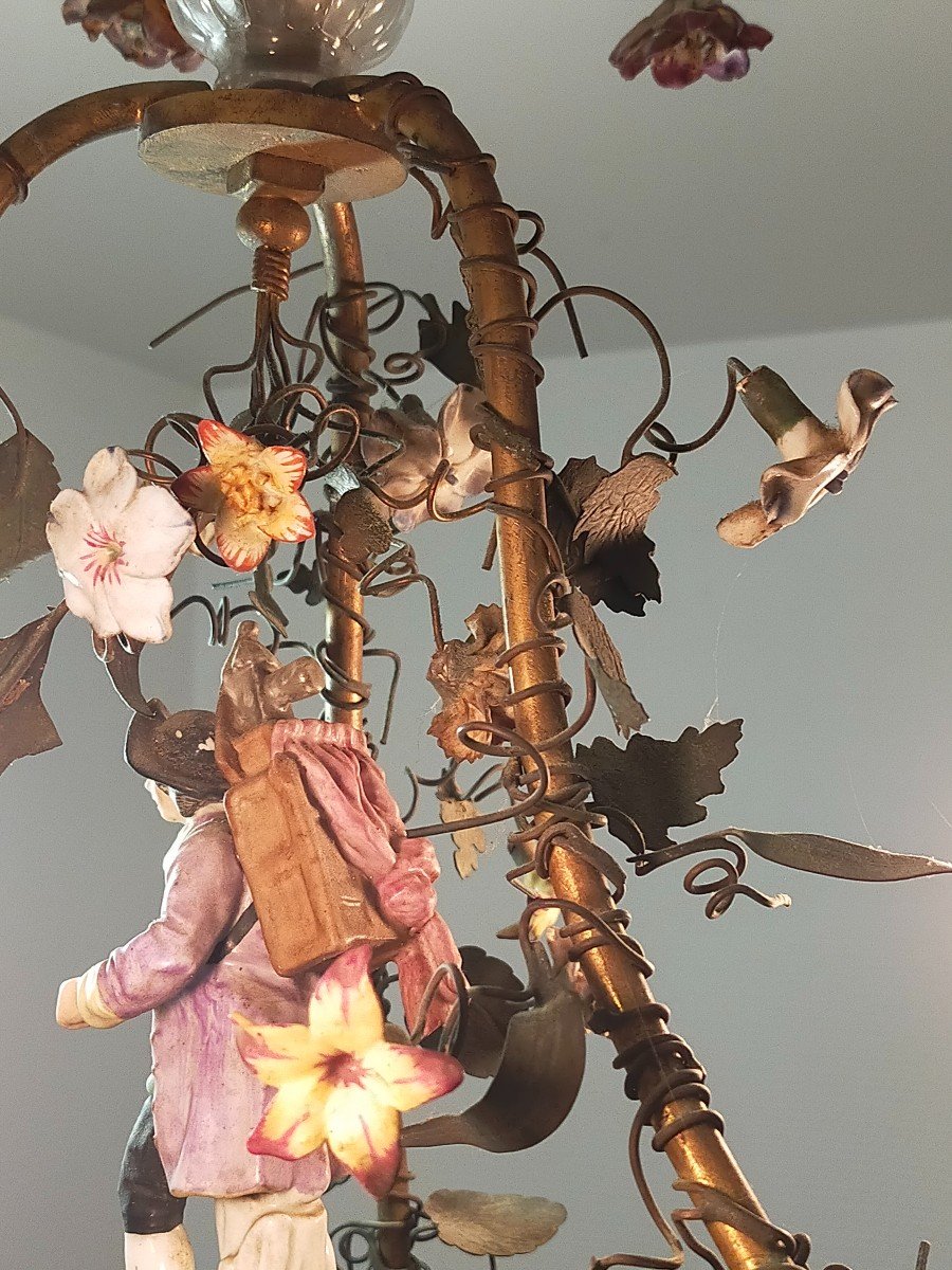 Chandelier Cage Decor Of Porcelain Flowers And Character-photo-2