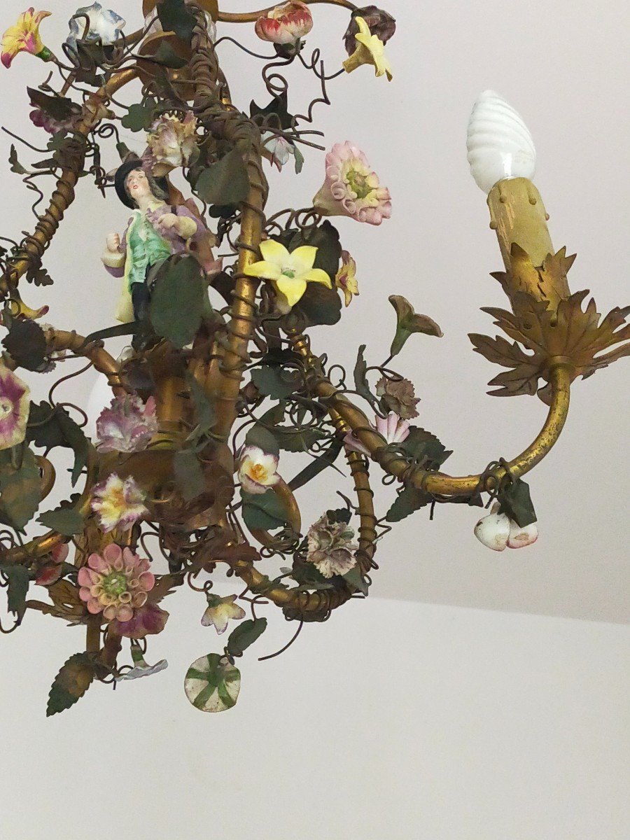 Chandelier Cage Decor Of Porcelain Flowers And Character-photo-5