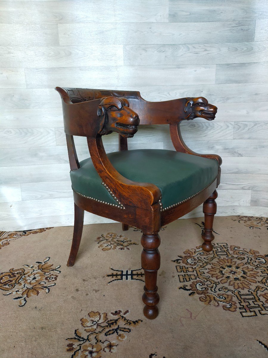 Fauteuil De Bureau  A T&ecirc;tes De Chien Sculpter  (officier, Chasse )-photo-4