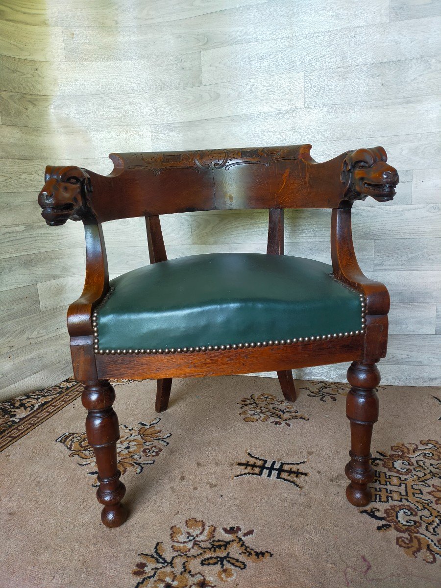 Fauteuil De Bureau  A T&ecirc;tes De Chien Sculpter  (officier, Chasse )-photo-1