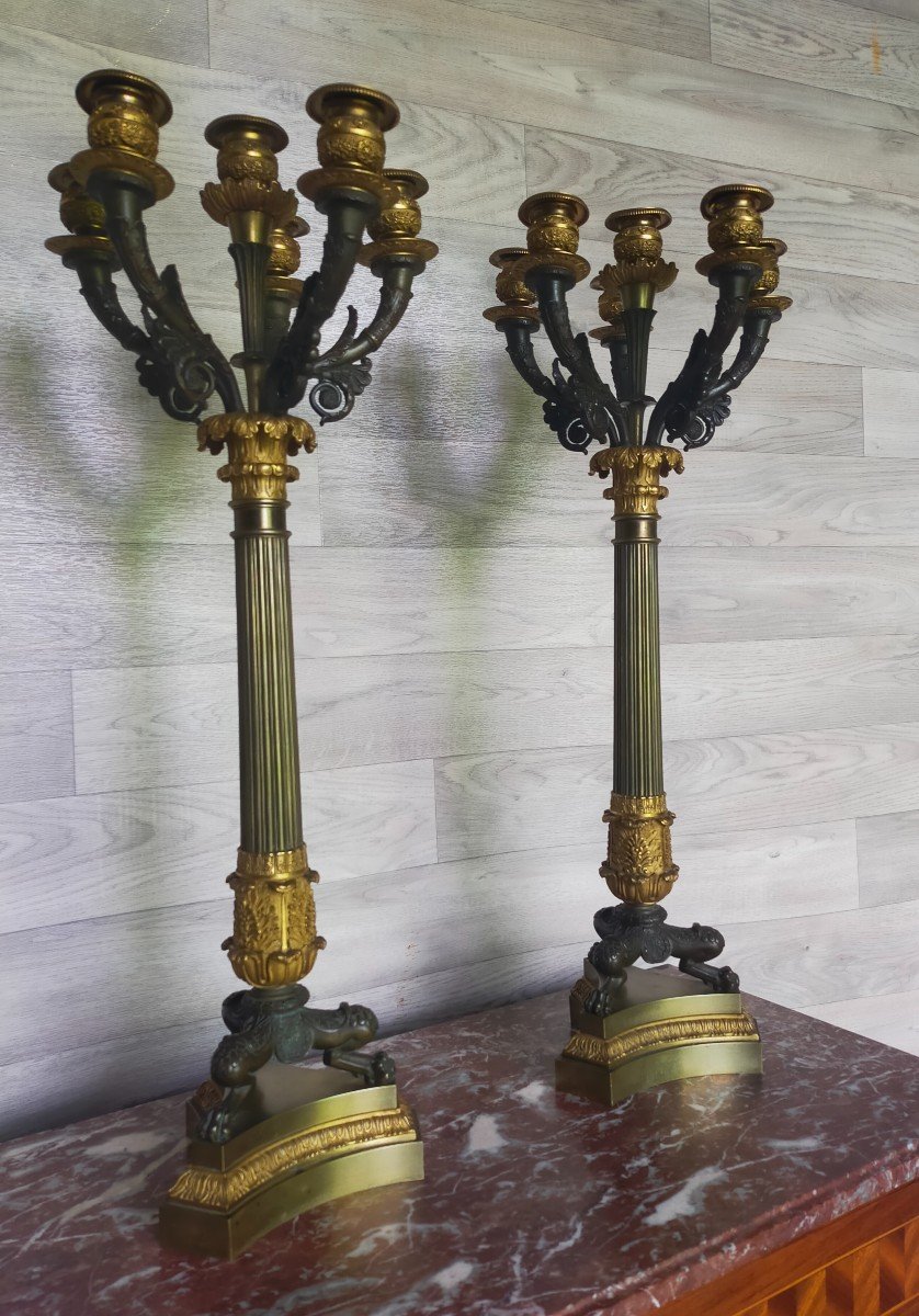 Pair Of Large Charles X Bronze Candlesticks (epirus Restoration)