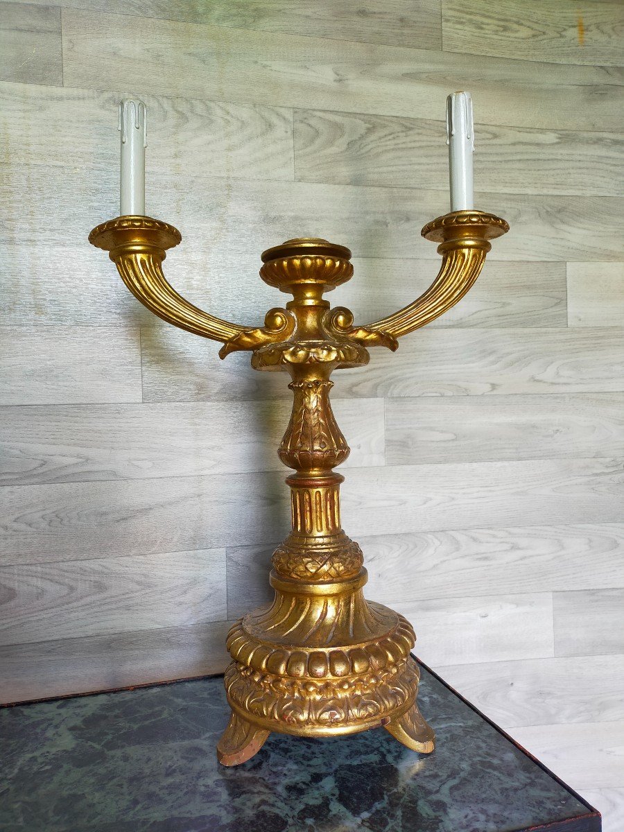 Large Candlestick Candlestick Louis XVI Period Golden Wood-photo-4