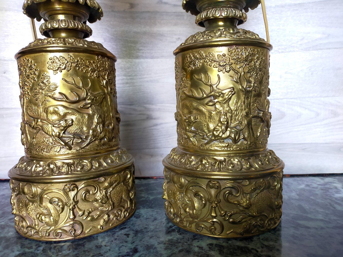 Pair Of Brass Lamps Hunting Decor Bourdon Stamp (petroleum Lamp)