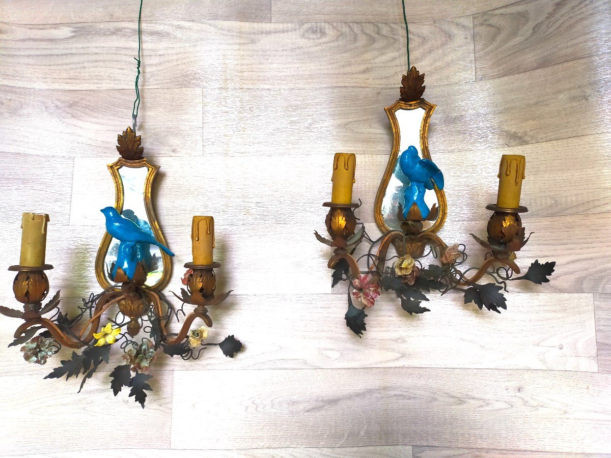 Paire d&#039;Appliques Fleurs De Porcelaine Et Oiseaux (lustre Lampe )-photo-2