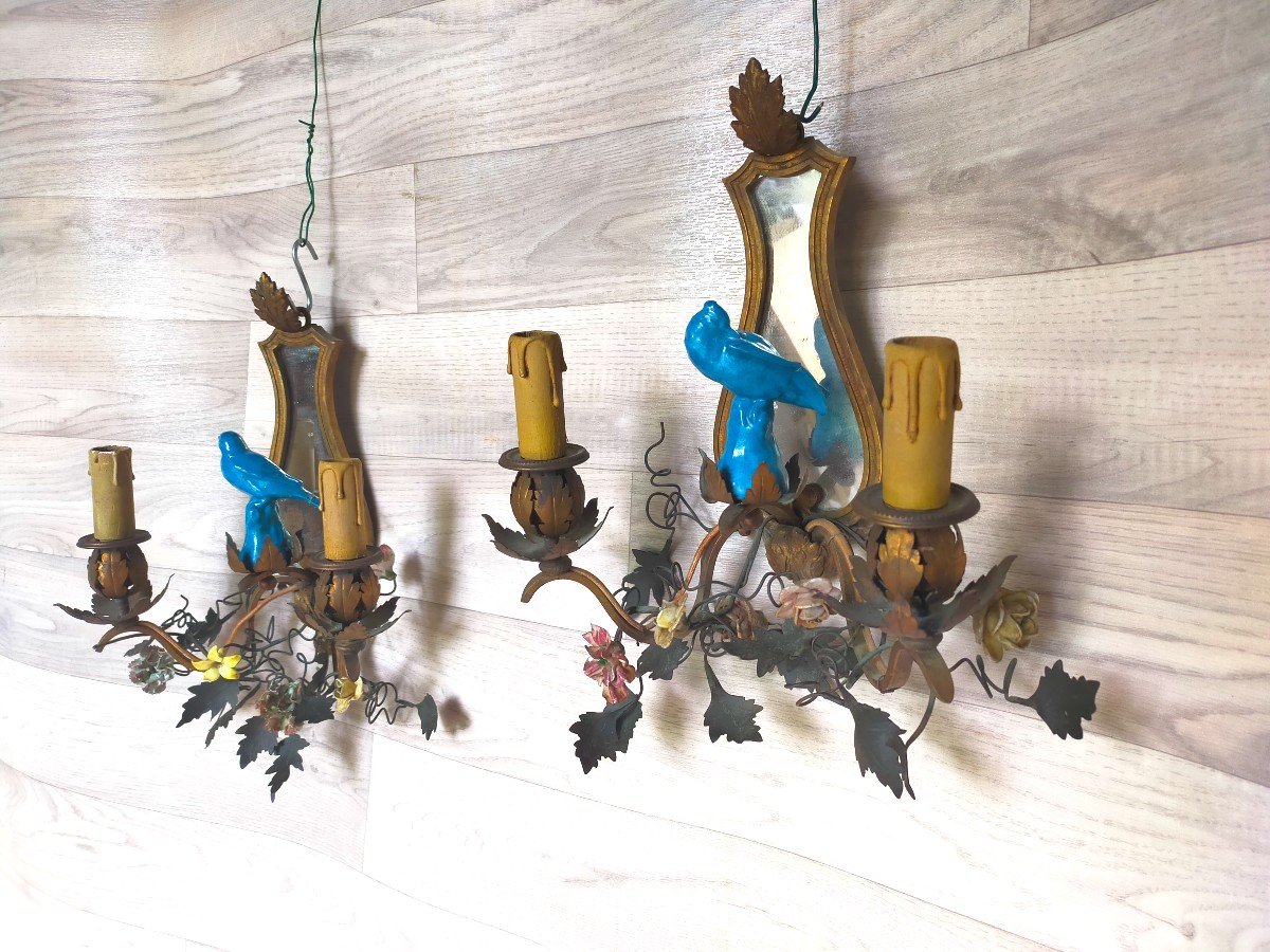 Pair Of Porcelain Flowers And Birds Sconces (lamp Chandelier)-photo-3