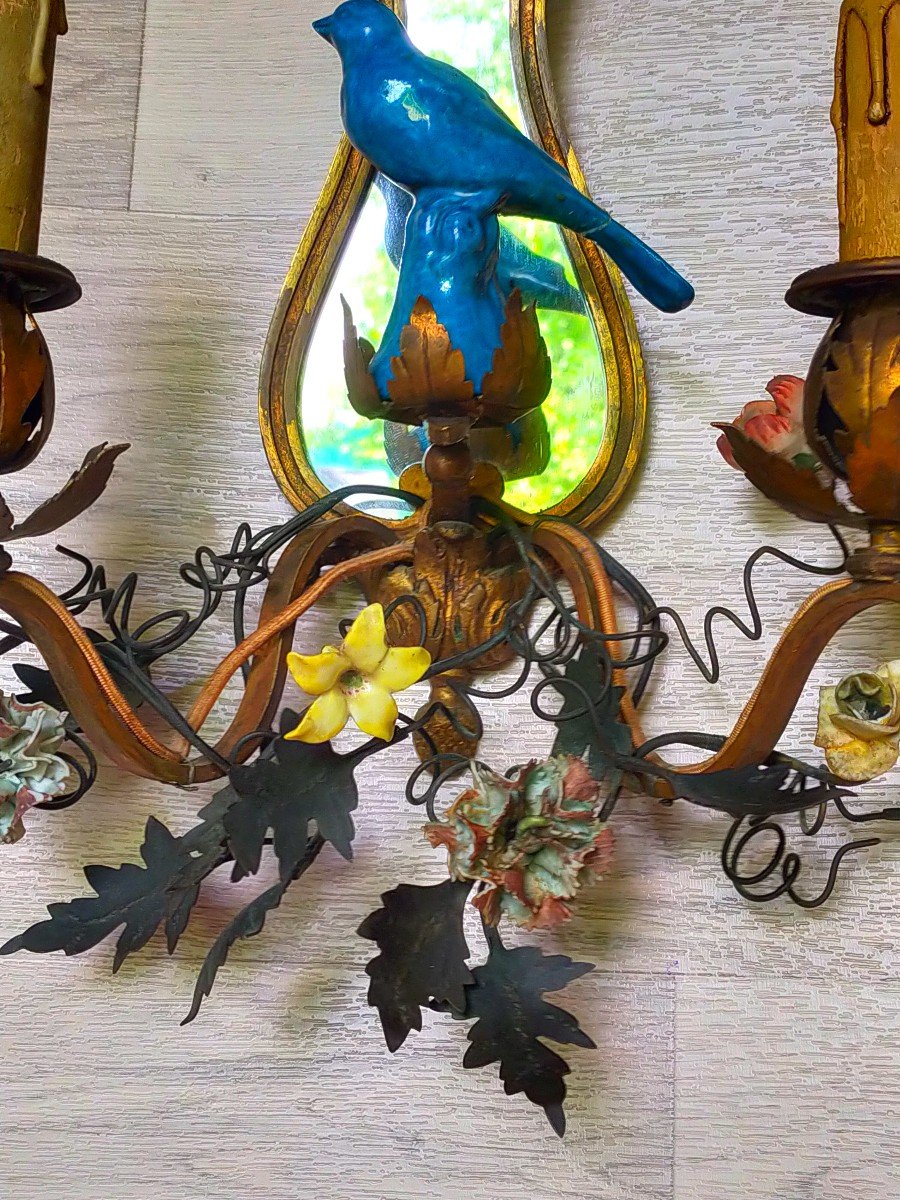 Pair Of Porcelain Flowers And Birds Sconces (lamp Chandelier)-photo-4