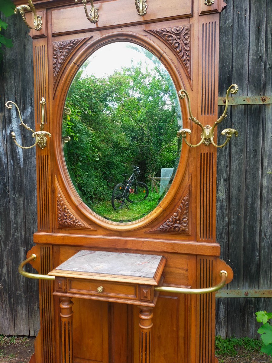 Walnut Cloakroom Coat Rack With Oval Mirror-photo-3