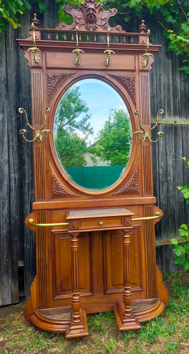 Walnut Cloakroom Coat Rack With Oval Mirror-photo-3