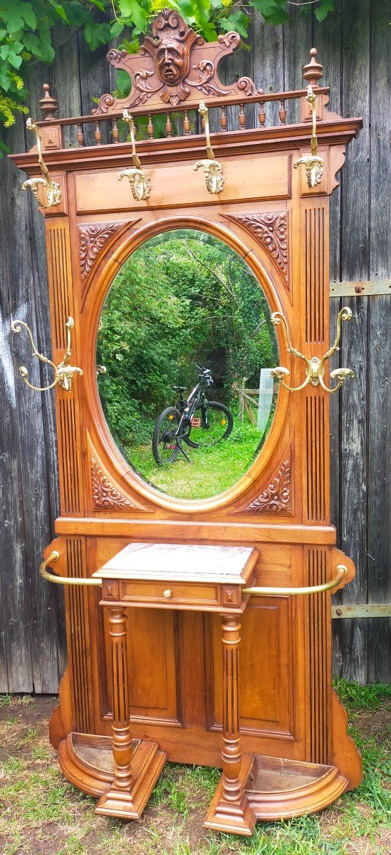 Walnut Cloakroom Coat Rack With Oval Mirror