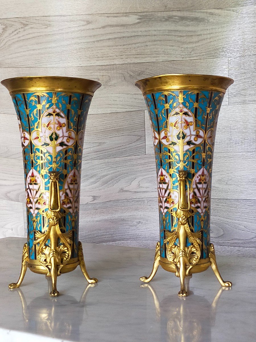 Pair Of Cloisonné Enamel And Bronze Vases Signed Barbedienne-photo-2