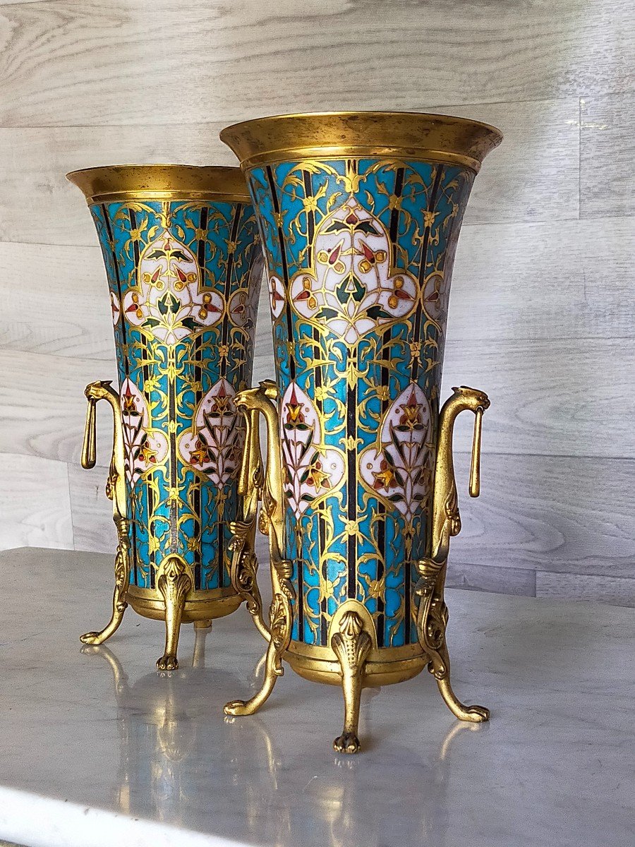 Pair Of Cloisonné Enamel And Bronze Vases Signed Barbedienne-photo-1