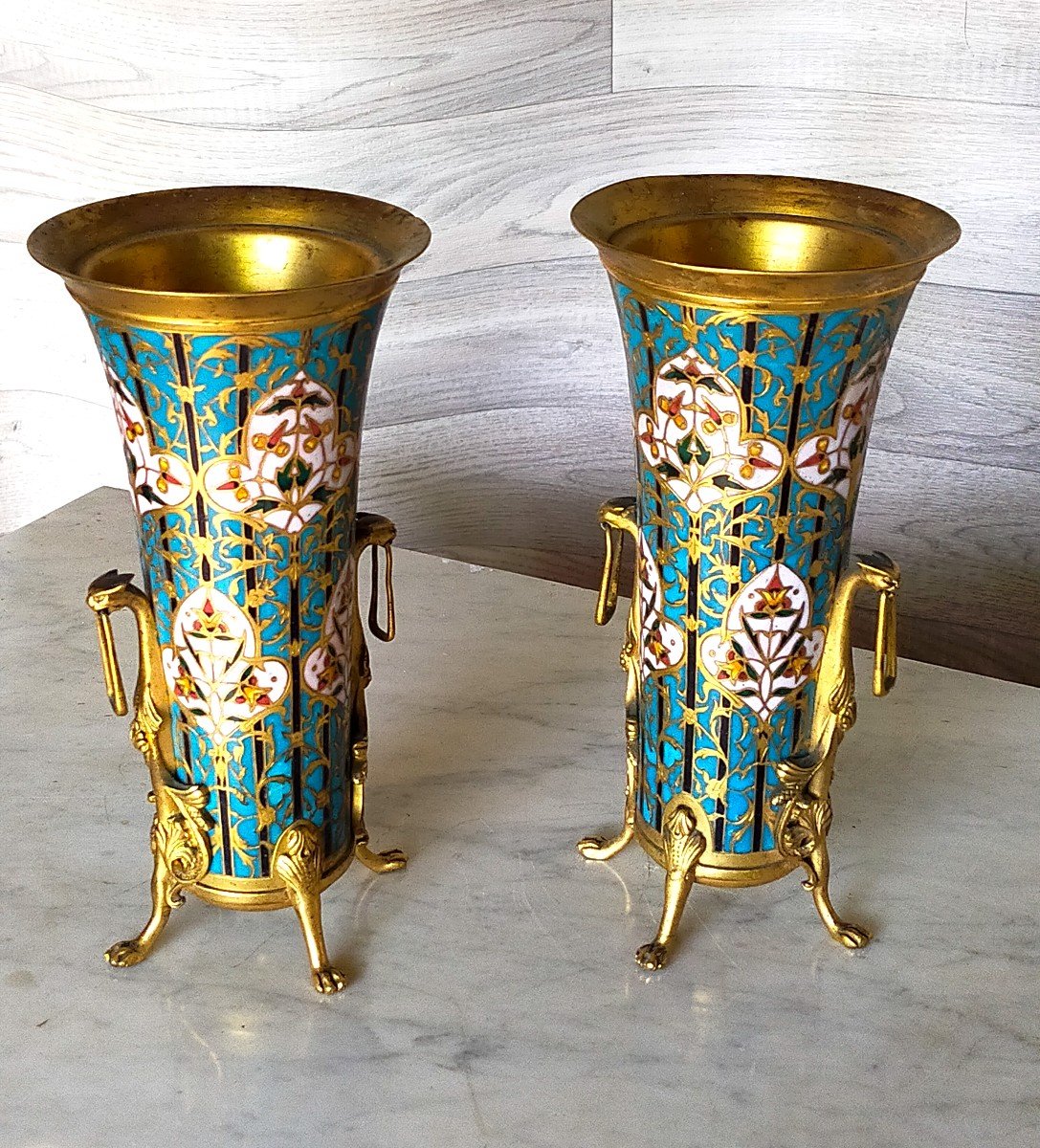 Pair Of Cloisonné Enamel And Bronze Vases Signed Barbedienne-photo-2