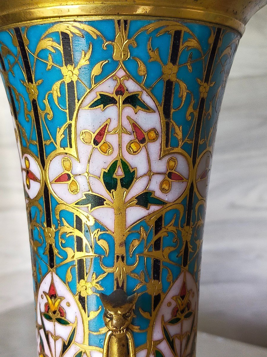 Pair Of Cloisonné Enamel And Bronze Vases Signed Barbedienne-photo-3