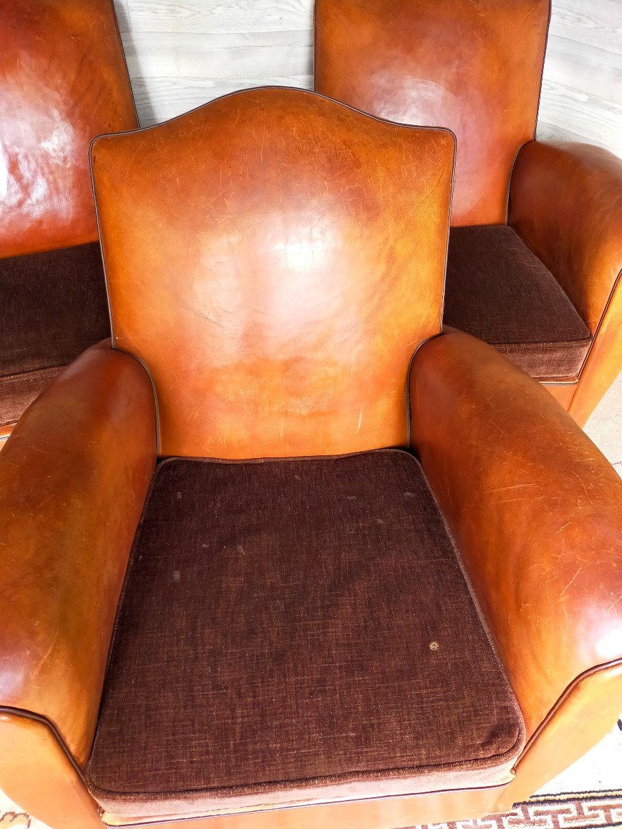 Trois Fauteuils Club Art D&eacute;co En Cuir -photo-4