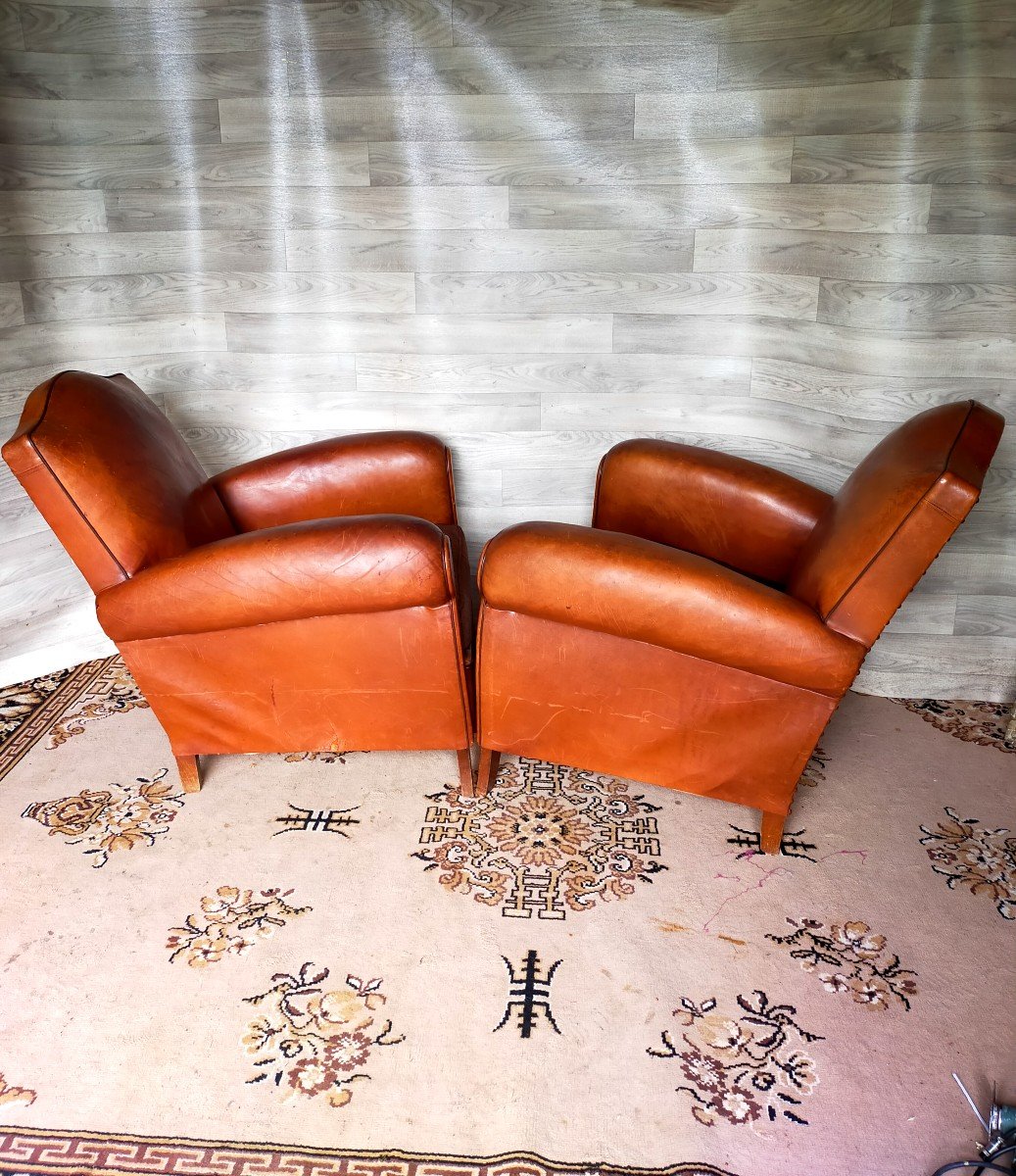 Trois Fauteuils Club Art D&eacute;co En Cuir -photo-2