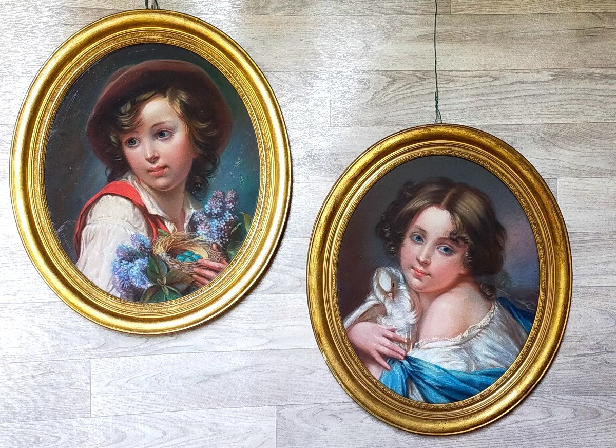 Pair Of Pastel Portraits Signed Leblanc Young Girl With A Dove And A Bouquet