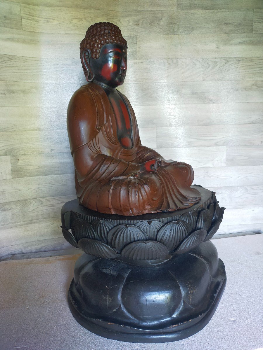Large Buddha In Lacquered Wood Lotus Base-photo-3