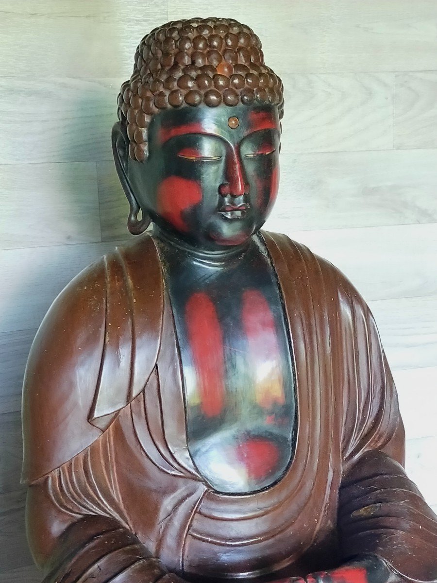 Large Buddha In Lacquered Wood Lotus Base-photo-4