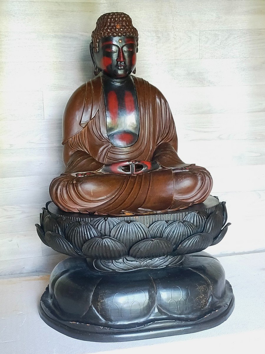 Large Buddha In Lacquered Wood Lotus Base