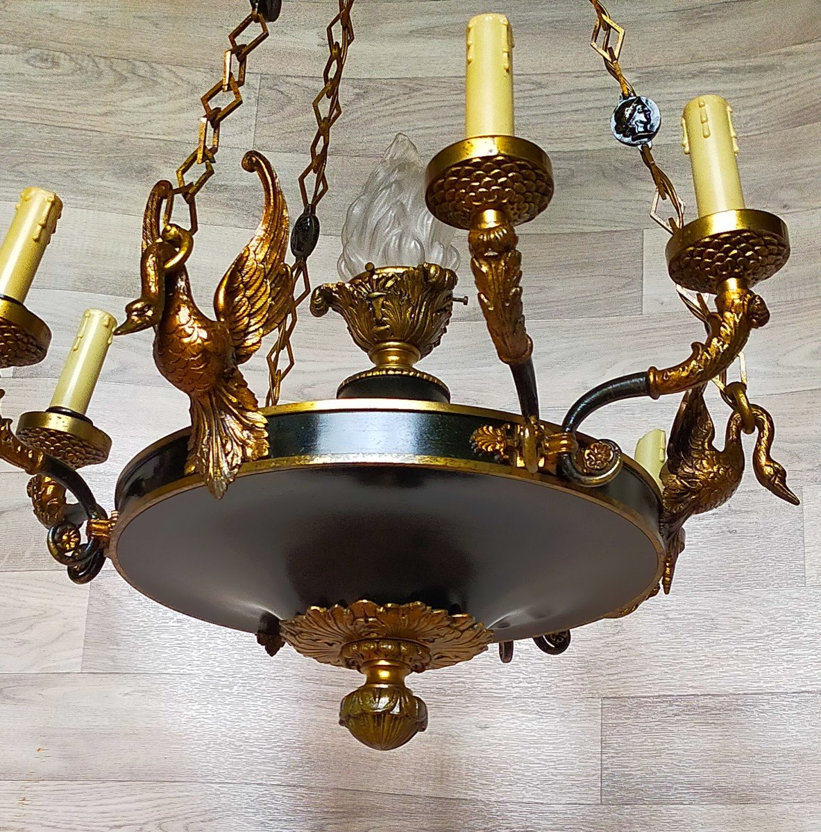 Empire Chandelier Decor With Swans Gilt Bronze -photo-3