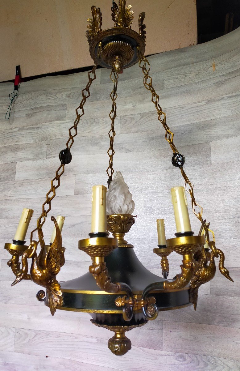 Empire Chandelier Decor With Swans Gilt Bronze -photo-4