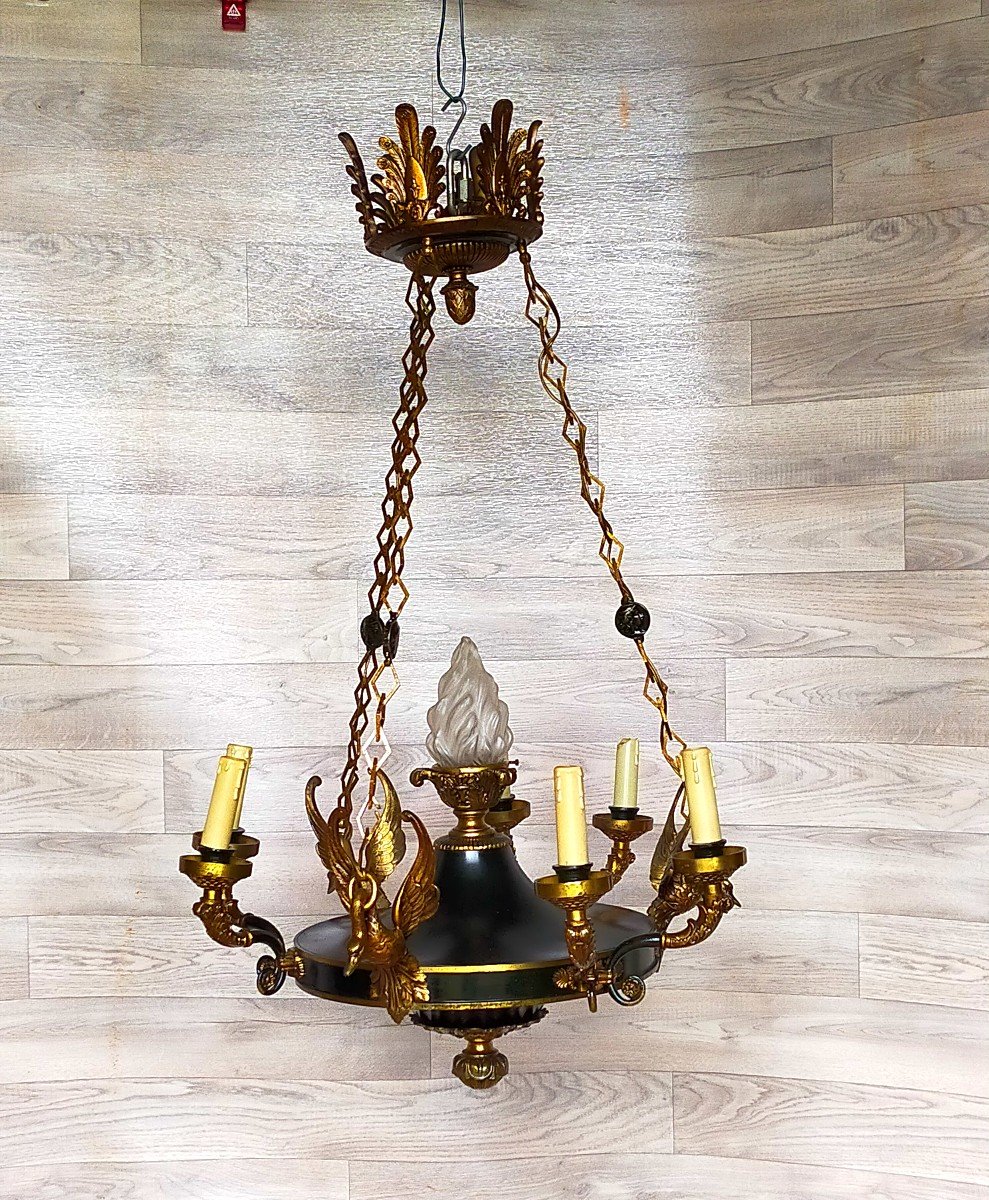 Empire Chandelier Decor With Swans Gilt Bronze -photo-1