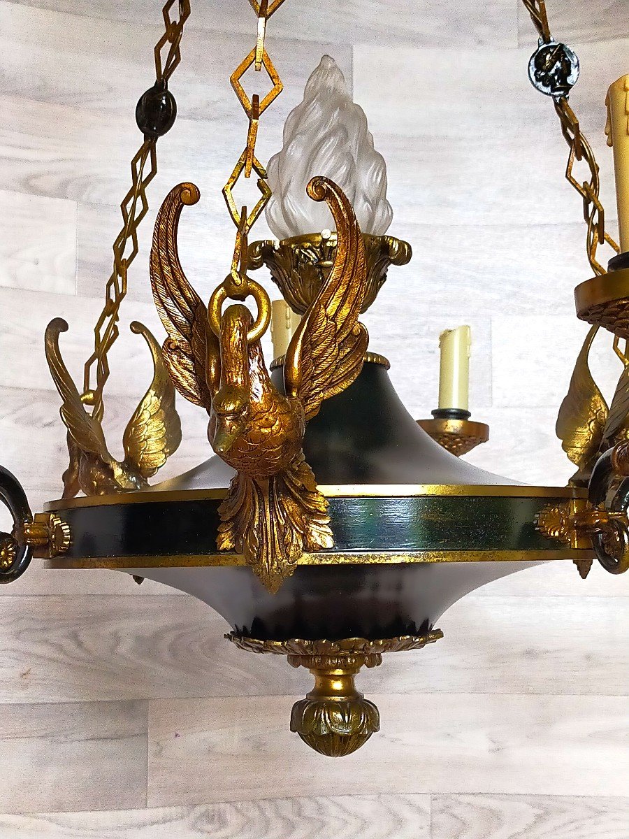 Empire Chandelier Decor With Swans Gilt Bronze 