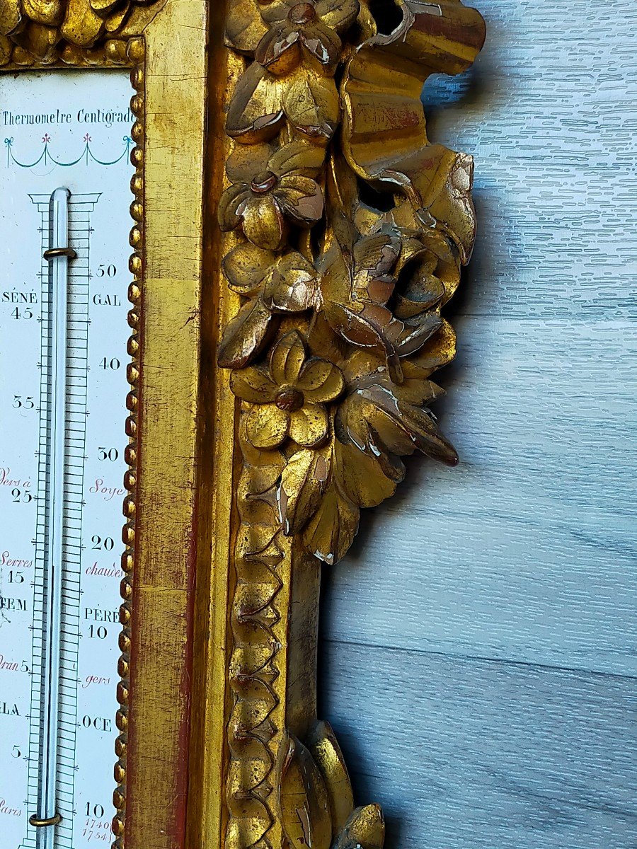 Large Louis XVI Golden Wood Barometer Thermometer -photo-2