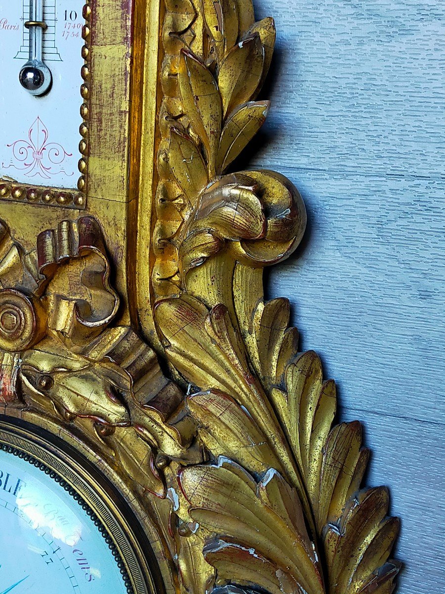 Large Louis XVI Golden Wood Barometer Thermometer -photo-3