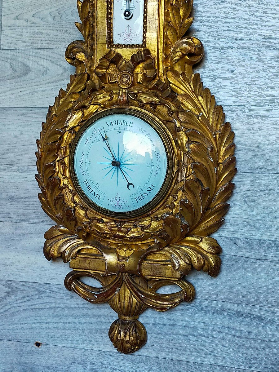 Large Louis XVI Golden Wood Barometer Thermometer -photo-4