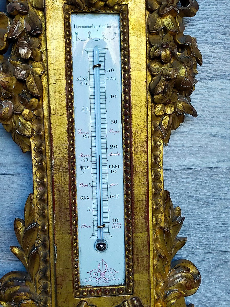 Large Louis XVI Golden Wood Barometer Thermometer -photo-1