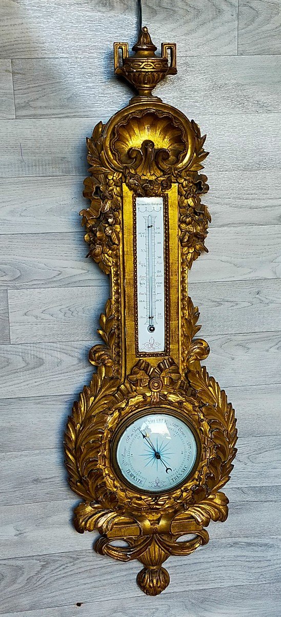 Large Louis XVI Golden Wood Barometer Thermometer -photo-3